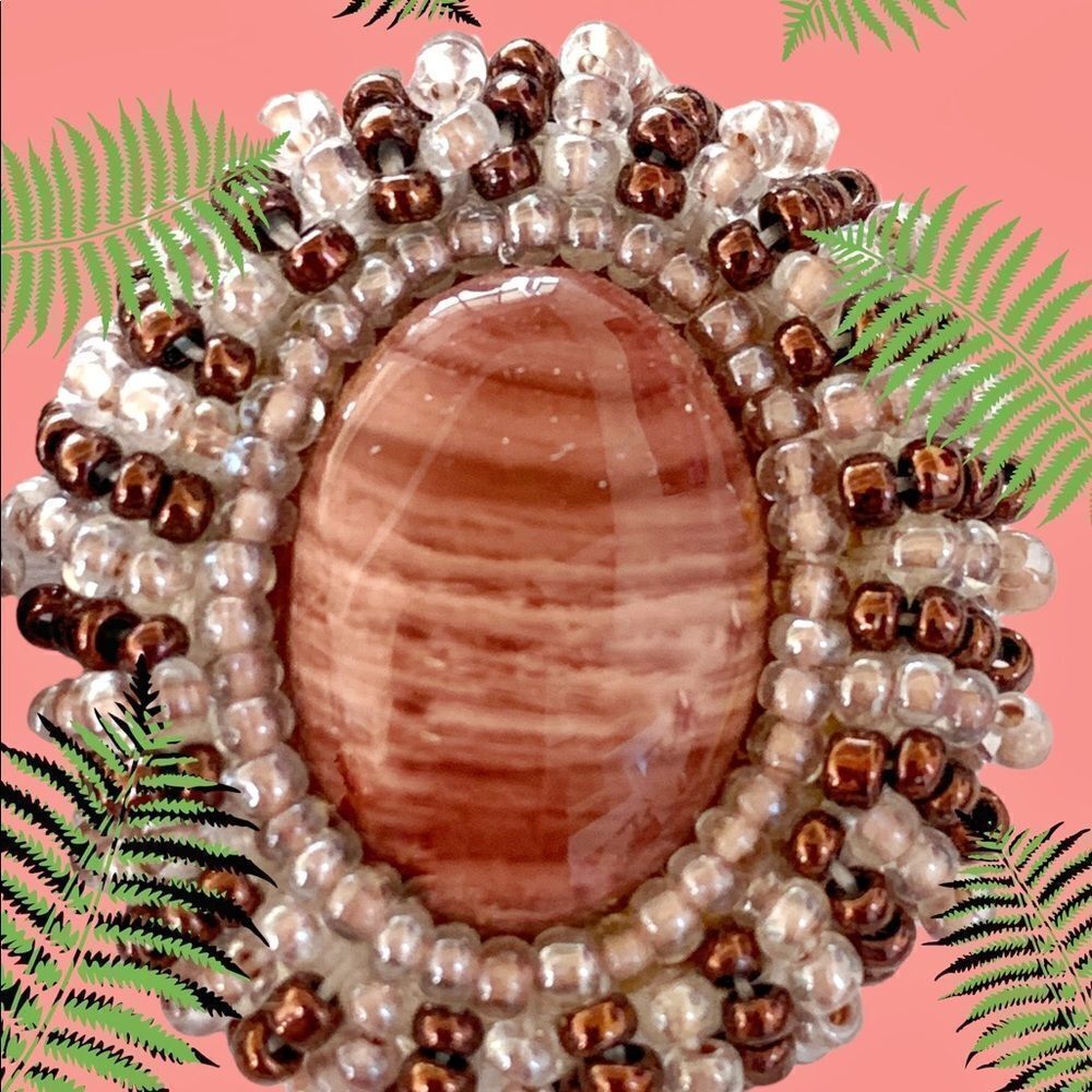 Vtg hand beaded Banded Agate earrings pierced crystal ab copper glass bead